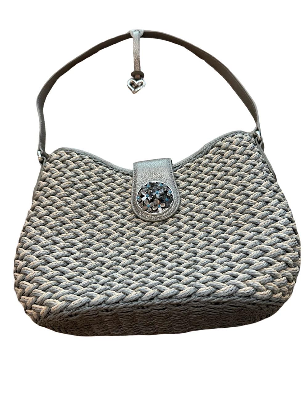 Brighton Woven Straw Metallic Leather Shoulder Bag Hobo Floral Crystal Snap